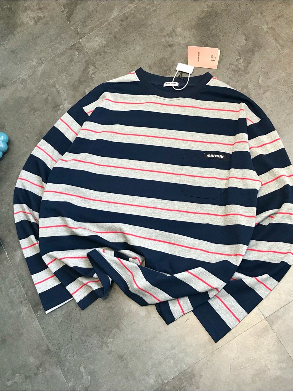 MIU MIU blue and gray striped long-sleeved T-shirt
